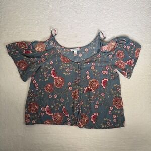 Patrons of Peace Blue Floral Cold Shoulder Button Front Blouse Sz‎ M cottagecore